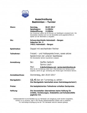 Ausschreibung Badminton-Turnier des TSV Helmstadt