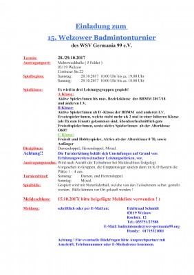 Ausschreibung 15. Welzower Badmintonturnier 2017