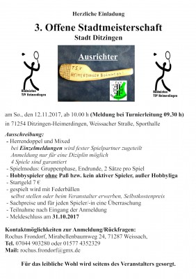 Ausschreibung 3. Offene Stadtmeisterschaft - Stadt Ditzingen - 2017