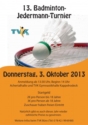 Ausschreibung 17. Badminton-Jedermann-Turnier 2017 in Kappelrodeck