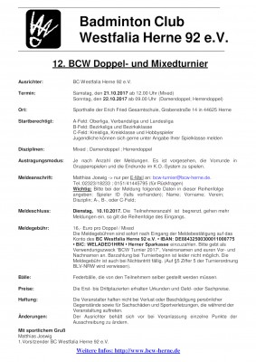 Ausschreibung 12. BCW Doppel- und Mixedturnier