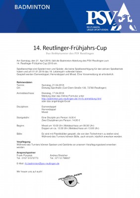 Ausschreibung 14. Reutlinger-Frühjahrs-Cup 2018