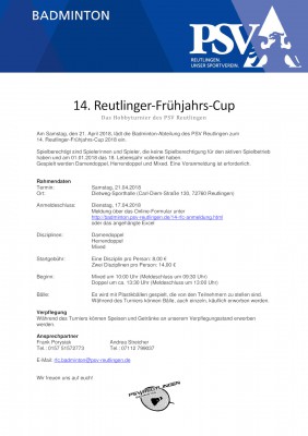 Ausschreibung 14. Reutlinger-Frühjahrs-Cup 2018