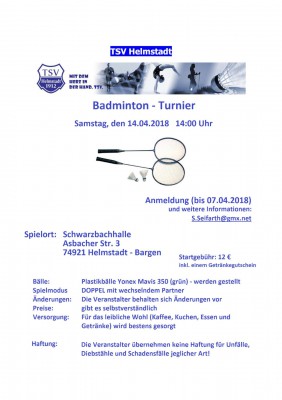 Ausschreibung Badminton-Turnier des TSV Helmstadt