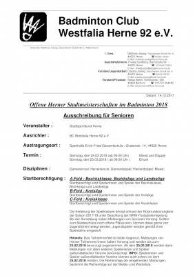 Ausschreibung Offene Herner Stadtmeisterschaften im Badminton 2018