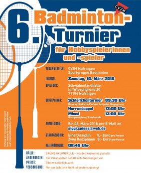 Ausschreibung 6. Badmintonturnier des CVJM Nufringen 2018
