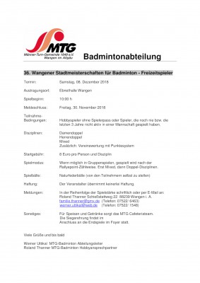 Ausschreibung 36. Wangener Stadtmeisterschaften für Badminton-Freizeitspieler 2018