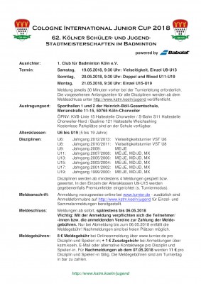 Ausschreibung Cologne International Junior Cup 2018 - 62. Kölner Juniorenstadtmeisterschaften im Badminton -