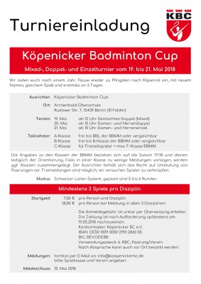 Ausschreibung Köpenicker Badminton Turnier 2018
