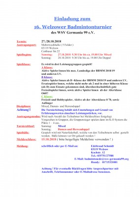 Ausschreibung 16. Welzower Badmintonturnier