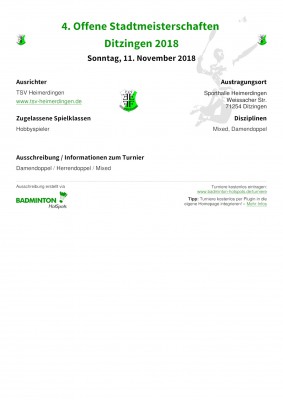 Ausschreibung 4. Offene Stadtmeisterschaften Ditzingen 2018