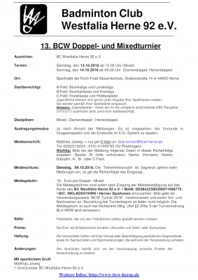 Ausschreibung 13. BCW Doppel- und Mixedturnier