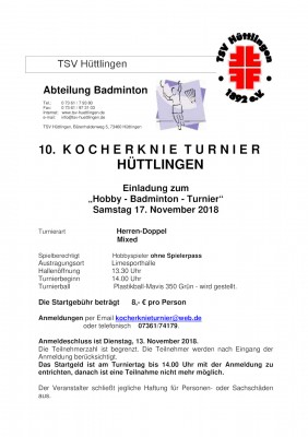 Ausschreibung 10. KOCHERKNIE TURNIER 2018 in Hüttlingen