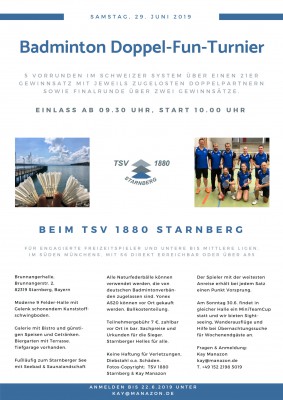 Ausschreibung Starnberger Badminton Doppel-Fun-Turnier