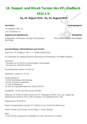 Ausschreibung 18. Doppel- und Mixed-Turnier des VFL Gladbeck 1921 e.V.