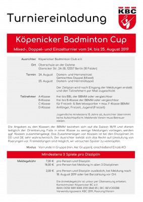 Ausschreibung Köpenicker Badminton Cup 2019