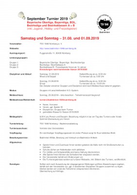 Ausschreibung September Turnier 2019 von TSV 1846 Nürnberg