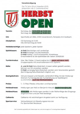 Ausschreibung 3. Grevenbroicher Herbst Open 2019