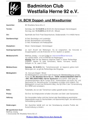 Ausschreibung 14. BCW Doppel- und Mixedturnier -