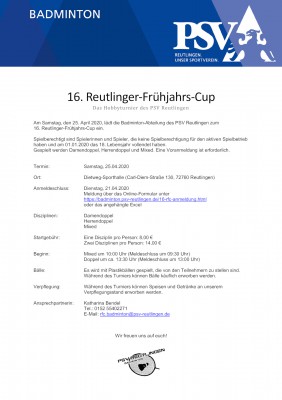 Ausschreibung 16. Reutlinger-Frühjahrs-Cup 2020