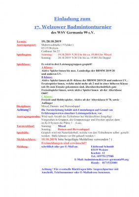 Ausschreibung 17. Welzower Badmintonturnier