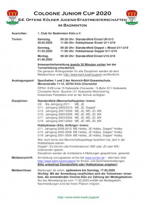 Ausschreibung Cologne Junior Cup 2020 - 64. Offene Kölner Jugend-Stadtmeisterschaften