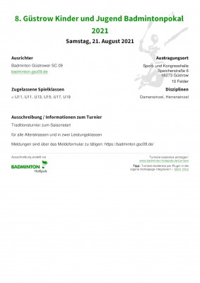 Ausschreibung 8. Güstrow Kinder und Jugend Badmintonpokal 2021