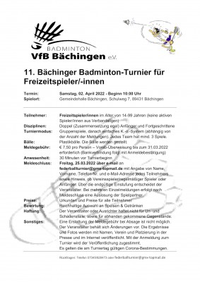 Ausschreibung 11. Bächinger Badminton-Jedermannturnier