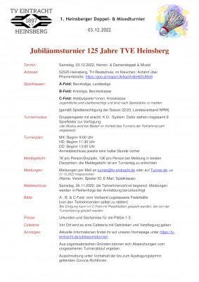 Ausschreibung Jubiläumsturnier 125 Jahre TVE Heinsberg  - 1. Heinsberger Doppel- & Mixedturnier