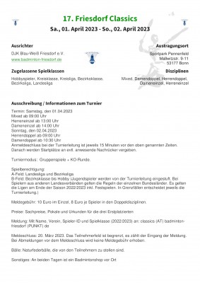 Ausschreibung 17. Friesdorf Classics