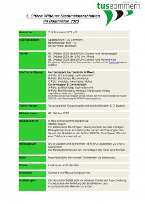 Ausschreibung 5. offene Wittener Stadtmeisterschaften