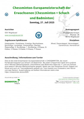 Ausschreibung Chessminton-Europameisterschaft der Erwachsenen (Chessminton = Schach und Badminton)