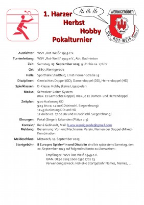 Ausschreibung 1. Harzer Herbst Hobby Pokalturnier