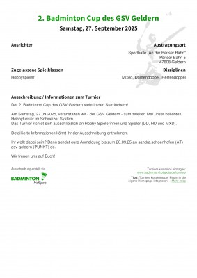 Ausschreibung 2. Badminton Cup des GSV Geldern