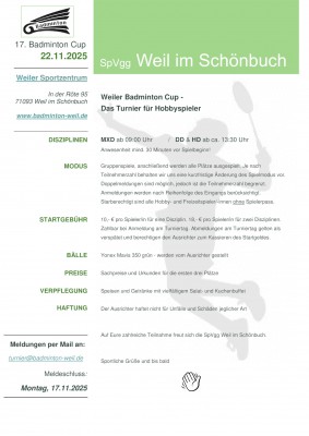 Ausschreibung 17. Weiler Badminton Cup 2025