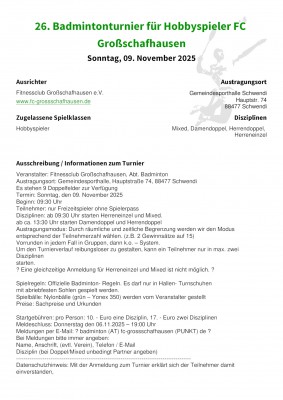 Ausschreibung 26. Badmintonturnier für Hobbyspieler FC Großschafhausen