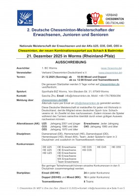 Ausschreibung Deutsche Chessminton-Meisterschaften der Erwachsenen, Junioren, Senioren