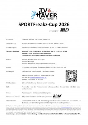 Ausschreibung SPORTFreakz-Cup 2026 powered by 2RAY Badminton