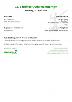 Ausschreibung 15. Bächinger Jedermannturnier