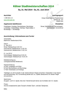 Ausschreibung Kölner Stadtmeisterschaften 2014
