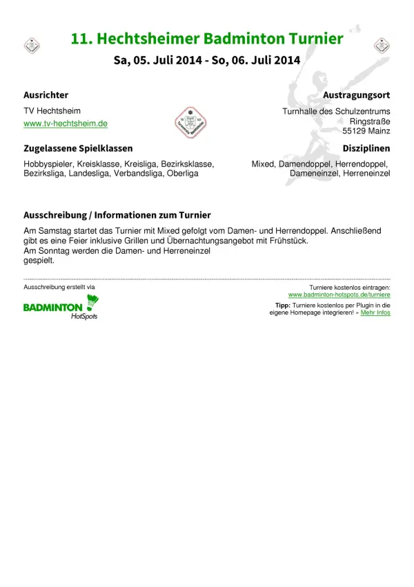 Ausschreibung 11. Hechtsheimer Badminton Turnier