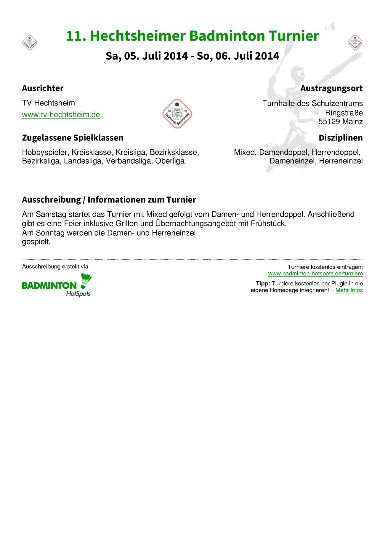 Ausschreibung 11. Hechtsheimer Badminton Turnier