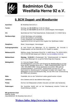 Ausschreibung 9. BCW Doppel- und Mixedturnier