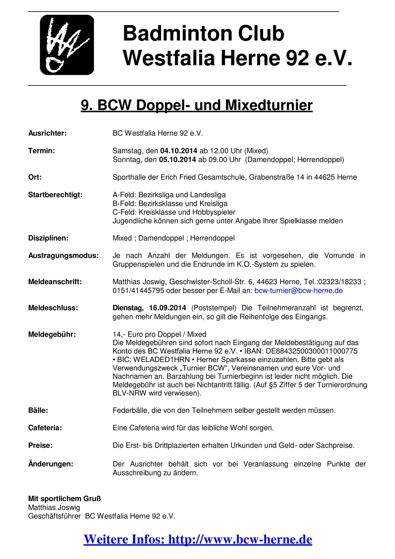 Ausschreibung 9. BCW Doppel- und Mixedturnier