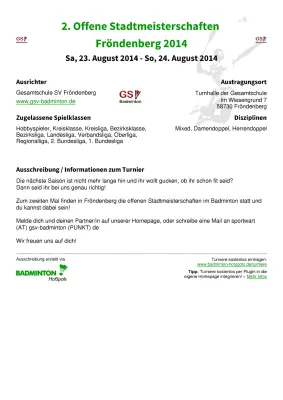 Ausschreibung 2. Offene Stadtmeisterschaften Fröndenberg 2014