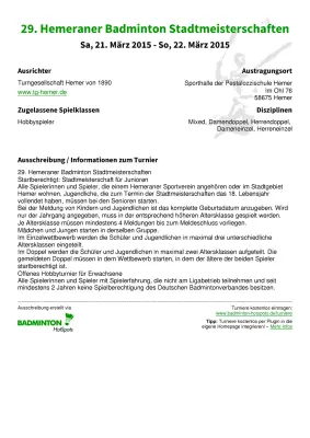 Ausschreibung 29. Hemeraner Badminton Stadtmeisterschaften