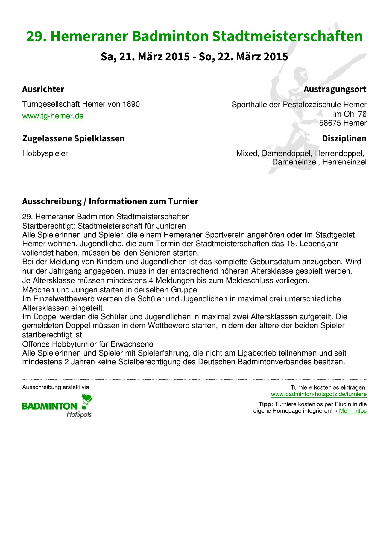 Ausschreibung 29. Hemeraner Badminton Stadtmeisterschaften