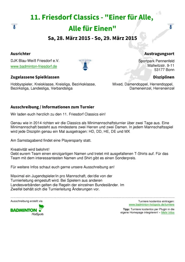 Ausschreibung 11. Friesdorf Classics - "Einer für Alle, Alle für Einen"