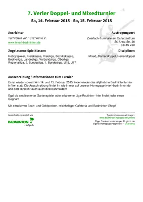 Ausschreibung 7. Verler Doppel- und Mixedturnier
