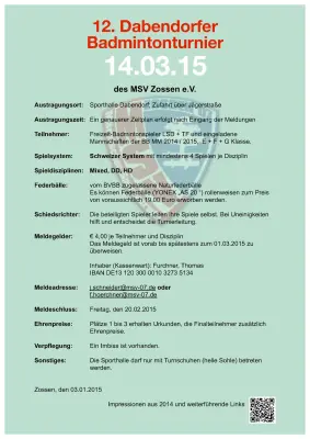 Ausschreibung 12. Dabendorfer Badmintonturnier